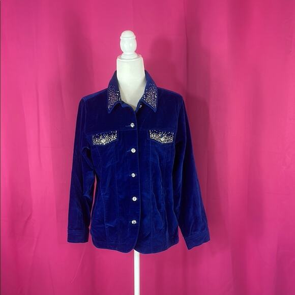 Quacker Factory royal blue velvet stud and rhinestone starburst jacket, small - Picture 1 of 13